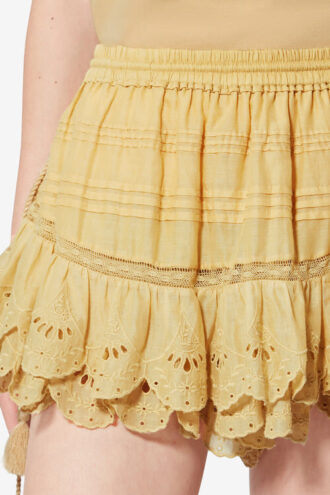 Puria Short Fustă-pantalon din bumbac cu volane și dantelă florală Puria Short Fustă-pantalon din bumbac cu volane și dantelă florală